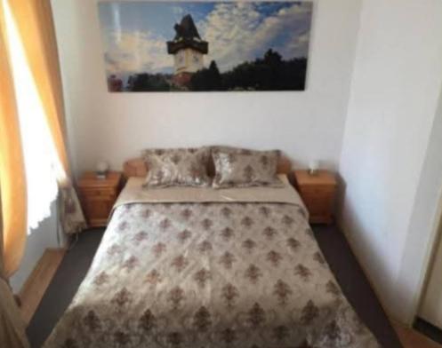 a bed in a bedroom with a picture on the wall at Apartment UNA - self check in in Graz