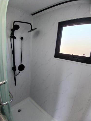 eine Dusche in einem Badezimmer mit Fenster in der Unterkunft Mackenzie Motels in Fairlie