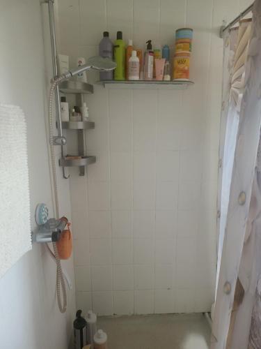 a bathroom with a shower with shelves on the wall at Nice Apartment in Aalborg