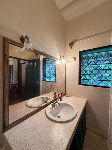 a bathroom with a sink and a large mirror at Villa Elizabeth by the Golf Club in Malindi