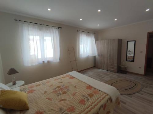 ein Schlafzimmer mit einem großen Bett und zwei Fenstern in der Unterkunft Tour House in Pedrouços