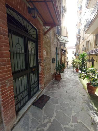 an alley with a door in a building with potted plants at Le Antiche Volte suite in Agropoli