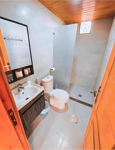 a bathroom with a sink and a toilet and a mirror at MIRNA lUXURY CAMP in Wadi Rum