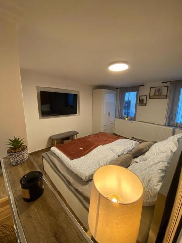 une chambre avec un grand lit et une télévision dans l'établissement Modernes Apartment im Zentrum, à Kirchheim unter Teck