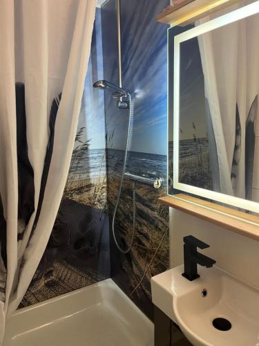 a bathroom with a shower with a view of the ocean at Ferienwohnung Dünnebacke in Schmallenberg