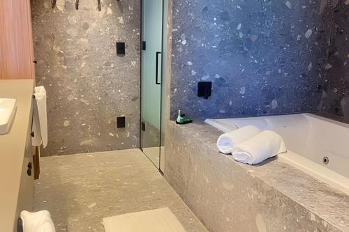 ein Badezimmer mit Badewanne und Dusche in der Unterkunft Apartamento com banheira Dupla Vale dos Vinhedos in Garibaldi