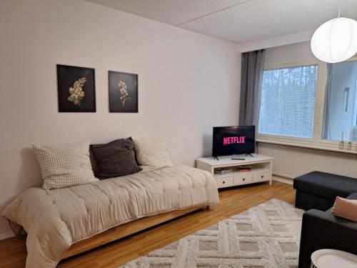 Una sala de estar con un sofá y un televisor en Ihana kaksio lähellä luontoa!, en Tampere
