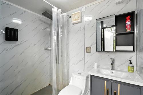 a bathroom with a toilet and a sink and a shower at Escape to Cloud Nine Glamping in the Black Hills in Keystone