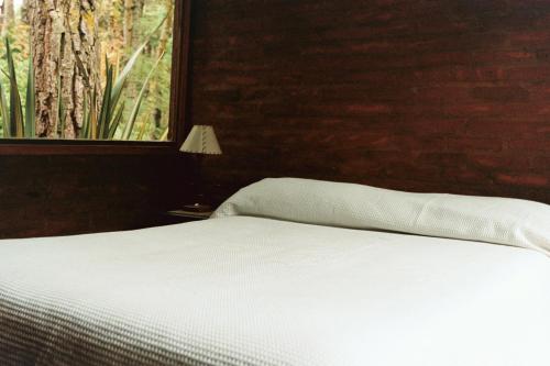 a bedroom with a white bed and a window at Cabaña Ceibo in Mar de las Pampas