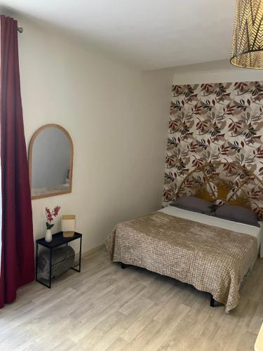 a bedroom with a large bed and a mirror at Studio calme au centre-ville in Manosque