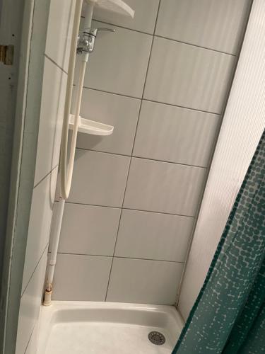 a shower with a shower curtain and a shower at Studio calme au centre-ville in Manosque