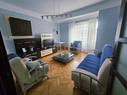 a living room with blue walls and a blue couch at Union City Centre Apartament in Craiova