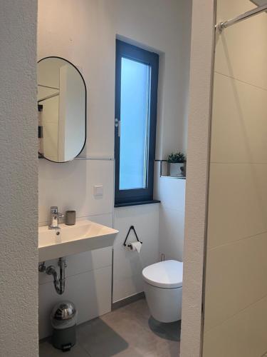 Un baño con inodoro, lavabo y espejo. en Modernes Tiny Apartment in Lage, en Lage