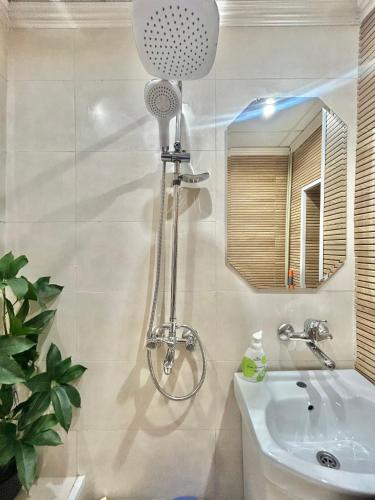 a bathroom with a shower and a sink and a mirror at Guest House Rila in Govedartsi