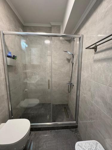 a bathroom with a glass shower with a toilet at Siena Lux Apartment in Gevgelija