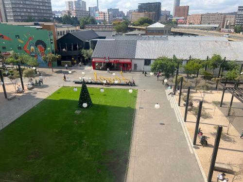 an aerial view of a park with a christmas tree on the grass at The eland in Johannesburg