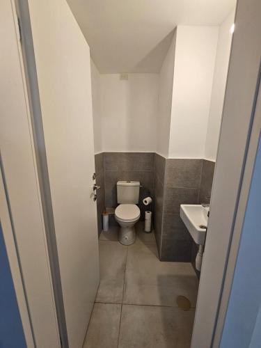 a small bathroom with a toilet and a sink at Neveh Shamir Staycation in Beit Shemesh
