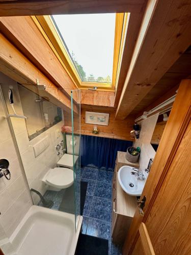 a bathroom with a toilet and a sink and a window at Ferienwohnung Uschi Willibald in Wackersberg