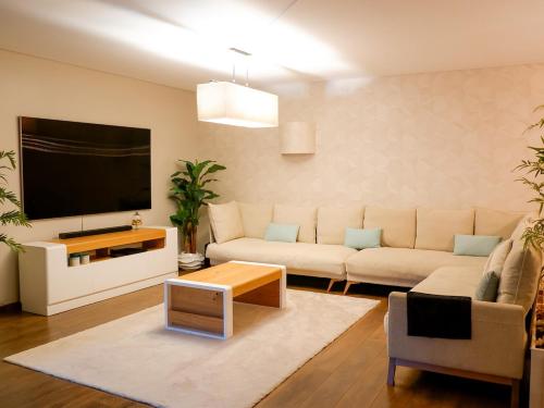 a living room with a couch and a flat screen tv at Luxury 2BR Spacious & Stylish with Patio near Metro in Odivelas