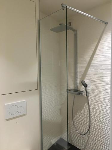 eine Dusche mit einer Glastür in einem Badezimmer in der Unterkunft Merida in Knokke-Heist