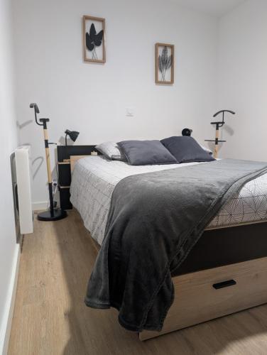 a bedroom with a bed and two lights on the wall at L'étape Da estrela-Nid douillet-Vernon Giverny in Vernon