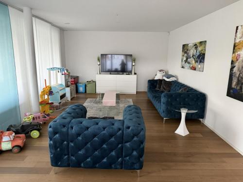 - un salon avec deux canapés bleus et une télévision dans l'établissement Luxuriöse 3,5-Zimmer Wohnung für Familien und Geschäftsreisende mit Glasfaser-Internet, à Cham