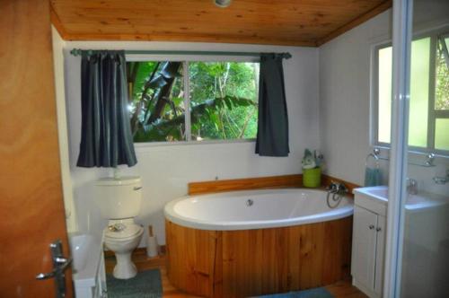 a bathroom with a tub and a toilet and a window at TussenIn in Eersterivierstrand