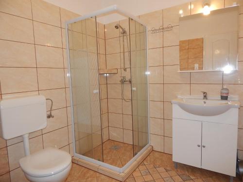 a bathroom with a shower and a toilet and a sink at Tündér Szálló Eplény in Eplény