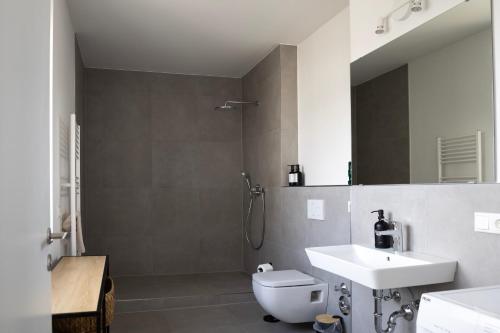 a bathroom with a toilet and a sink and a shower at Modernes 1-Zimmer-Studio I Augsburg City in Augsburg