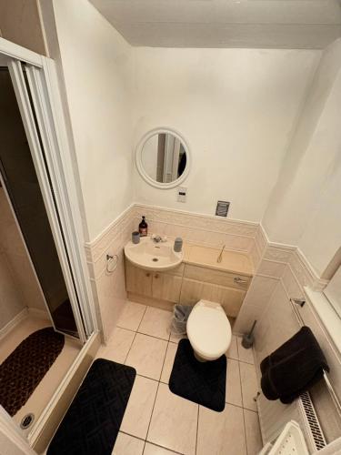 a bathroom with a toilet and a sink at Tartan Nest- Entire house- Sleeps 8 guests in Mansewood