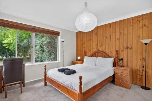 une chambre avec un lit, un bureau et une chaise dans l'établissement Natures Haven Wentworth Falls with Sauna & Pool, à Wentworth Falls
