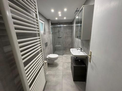 a bathroom with a shower and a toilet and a sink at 92 City Rooms in Koblenz