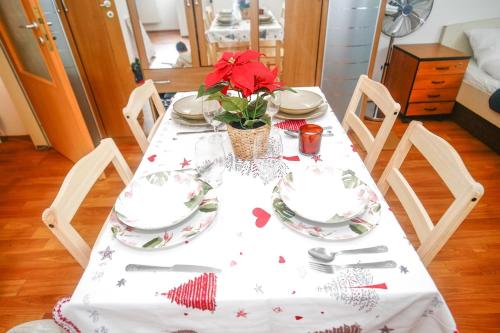 布拉格Spacious Studio with private garden的桌子上摆着盘子和一朵红花