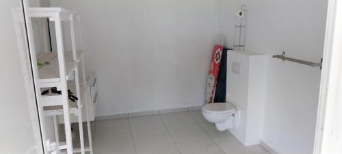 a white bathroom with a toilet and a shelf at HELICONIA rostrata in Sainte-Rose
