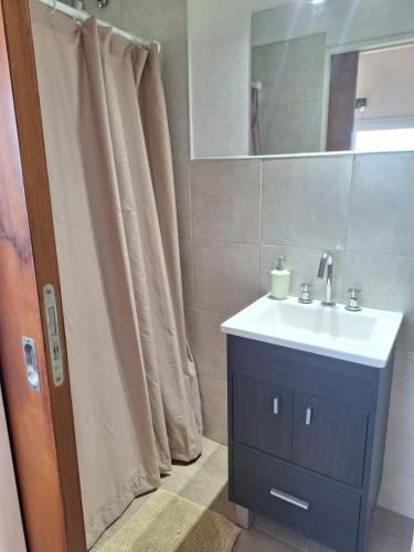 a bathroom with a sink and a shower curtain at Loft en las Sierras in Villa Giardino