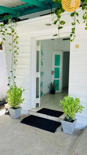 a front porch of a house with two potted plants at Sen Villa - Rathgama in Ratgama Hegoda