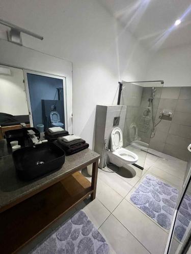 a bathroom with a toilet and a sink and a shower at Villa MICKA Nosy be in Hell-Ville