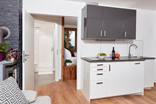 a kitchen with white cabinets and a counter top at Weinberg Lodge - Kellerstöckl in Klöch