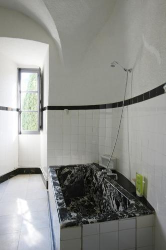 a bathroom with a sink with a shower in it at Chateau de Lugagnac in Rivière-sur-Tarn