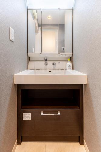 a bathroom with a sink and a mirror at Jin's Place - 15m to Haneda & Shinagawa in Tokyo