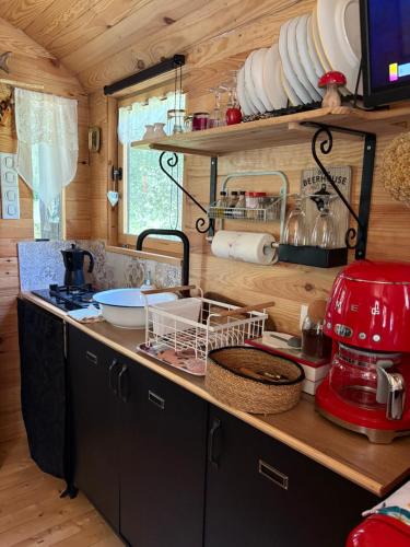 Kuchyň nebo kuchyňský kout v ubytování Roulotte insolite U tragulinu