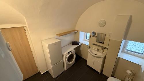une petite salle de bains avec un lave-linge et un lavabo dans l'établissement Apartment Široká 52, à Český Krumlov