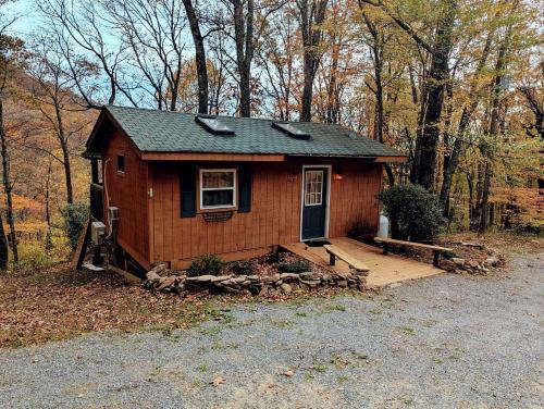 a small house with a porch in the woods at Secluded Mountain Cabin Retreat with Scenic Woodland Views near Black Mountain, NC in Montreat
