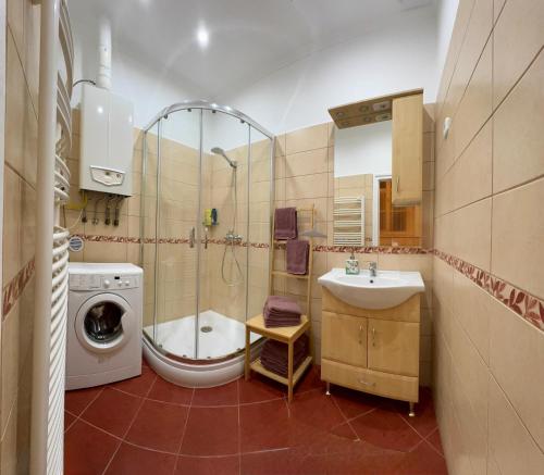 a bathroom with a shower sink and a washing machine at Forst Apartman in Eger