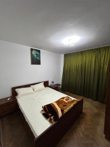Un dormitorio con una cama y una cortina verde. en Apartament Craiova Târgul de Crăciun zona centrală, en Craiova