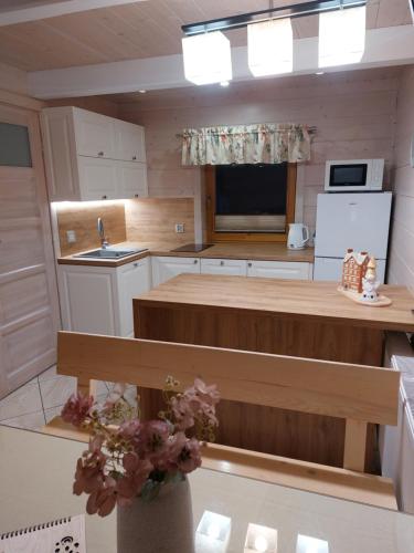 eine Küche mit einer hölzernen Arbeitsplatte in einem Zimmer in der Unterkunft Gospodarstwo agroturystyczne U Gazdy in Wisła