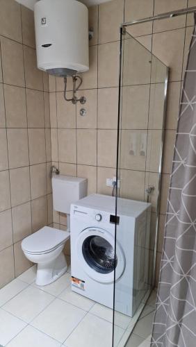 ein Badezimmer mit Toilette und Waschmaschine in der Unterkunft Apartmani i sobe PARK in Apatin