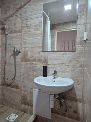 a bathroom with a sink and a shower at Penzión Tina in Prešov