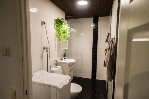 ein Badezimmer mit einem WC und einer Pflanze an der Wand in der Unterkunft Renovated 60m2 flat & free parking, balcony, Wifi in Pori