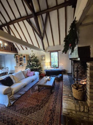 uma sala de estar com sofá e lareira em B&B Pronkenburg em Lissewege